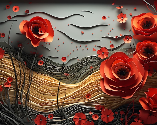 papier peint 3D rouge floral et fond noir