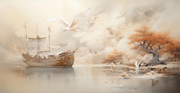 Papier peint antique de style chinois représentant un ancien bateau naviguant sur la rivière