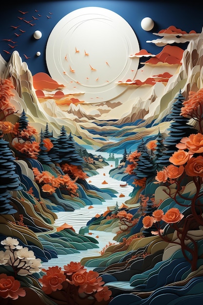 papier peint art 3d vue paysage couleur pastel papier découpé