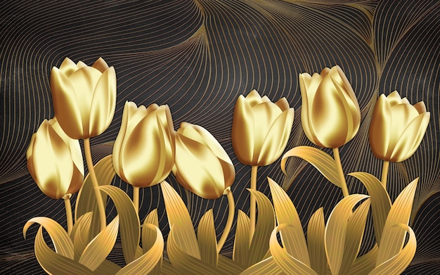 Papier peint d'art mural 3d fleurs dorées et lignes ondulées modernes sur fond sombre