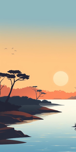 Papier peint au paysage du coucher de soleil minimaliste de l'estuaire tranquille