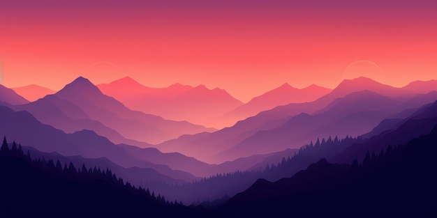 Papier peint au paysage de montagne minimaliste orange vibrant et violet profond généré par l'IA