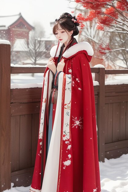 Photo papier peint beauté chinoise classique portant une veste cheongsam hanfu dans le froid de l'hiver et la neige