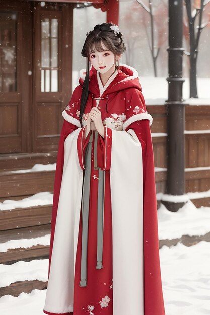 Photo papier peint beauté chinoise classique portant une veste cheongsam hanfu dans le froid de l'hiver et la neige