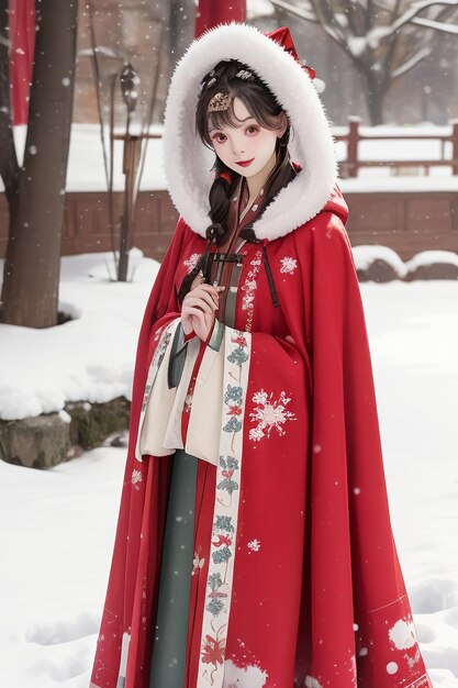 Papier peint beauté chinoise classique portant une veste cheongsam Hanfu dans le froid de l'hiver et la neige