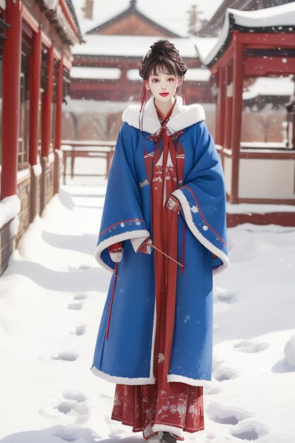 Papier peint beauté chinoise classique portant une veste cheongsam Hanfu dans le froid de l'hiver et la neige
