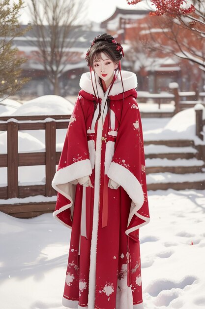 Papier peint beauté chinoise classique portant une veste cheongsam Hanfu dans le froid de l'hiver et la neige