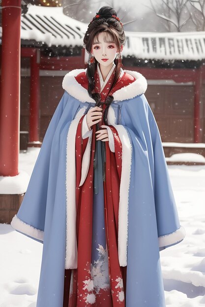 Papier peint beauté chinoise classique portant une veste Hanfu cheongsam dans l'hiver froid et la neige