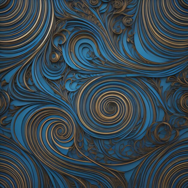 Un papier peint bleu et or avec des cercles et des tourbillons.