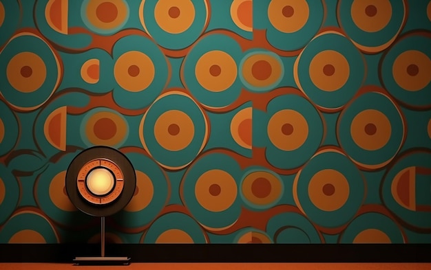 Un papier peint bleu et orange avec une lampe ronde au milieu