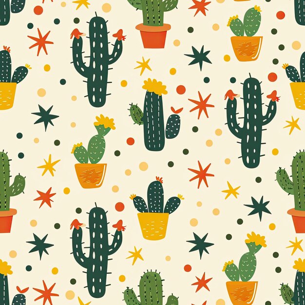 un papier peint avec des cactus et des fleurs en jaune et orange