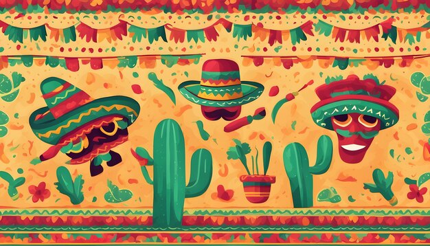 un papier peint coloré avec un cactus et un chapeau avec une bande rouge