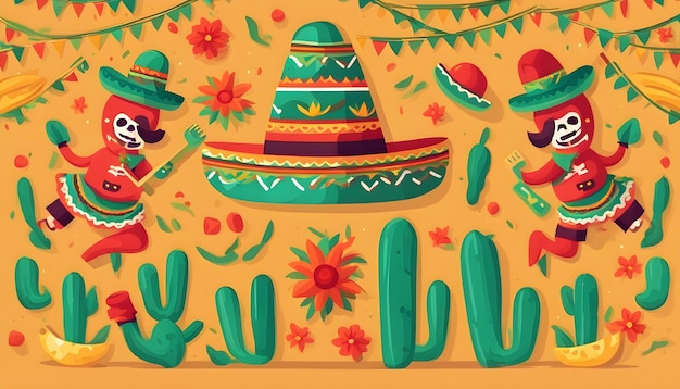 un papier peint coloré avec un cactus et un chapeau