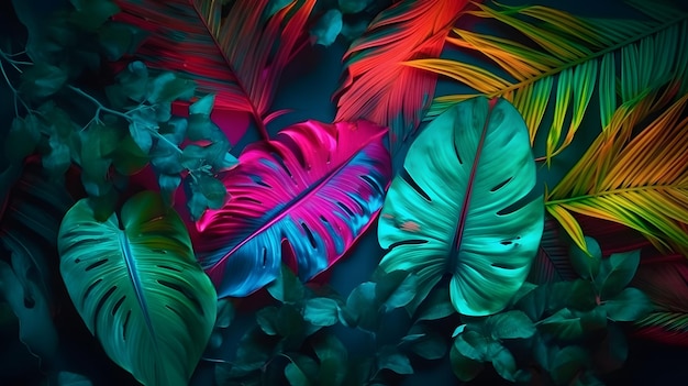 Un papier peint coloré de feuilles tropicales avec un fond bleu et un fond vert avec un motif de feuilles tropicales.