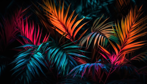 Un papier peint coloré de feuilles tropicales qui dit néon dessus.