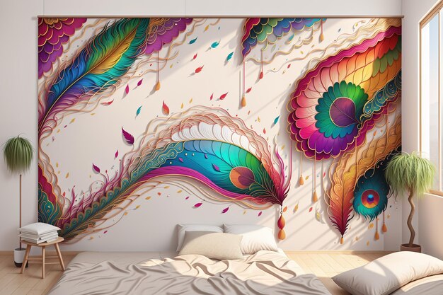 Un papier peint coloré avec un motif de plumes colorées dessus