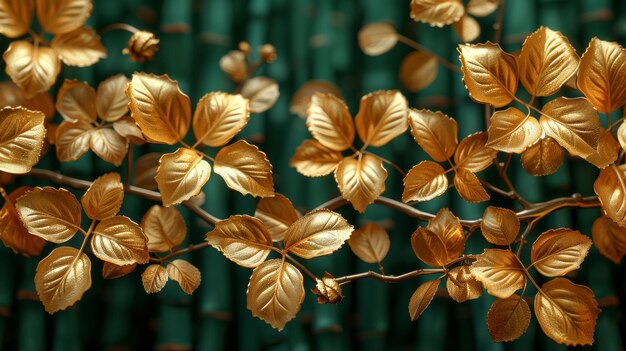 Papier peint avec une décoration dorée Fond de peinture d'art art moderne et nature Motif de fleur avec des feuilles dorées plante et bambou de courbure de fond vert de ligne