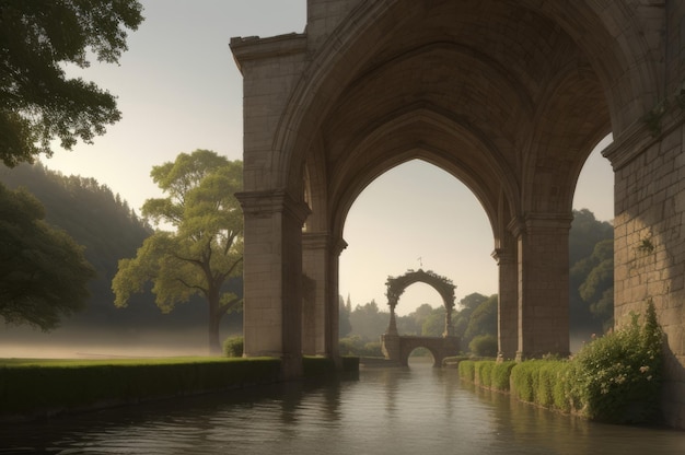 papier peint dessin classique d'un jardin de palais dans le style baron arches en pierre surplombant la rivière et la nature avec des arbres AI généré