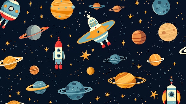 Papier peint dynamique sur le thème de l'espace avec des fusées, des étoiles et des planètes