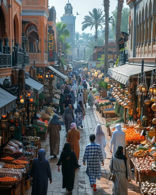 Photo le papier peint d'eid aladha sur une place de marché animée