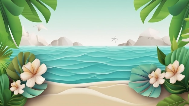 Papier peint d'été réaliste avec des feuilles de plage et tropicales 2