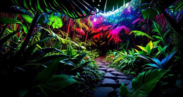 Photo papier peint fantastique de jungle avec des arbres et des plantes tropicales uniques