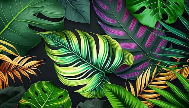 Un papier peint de feuilles tropicales avec un motif de feuilles violettes et vertes.