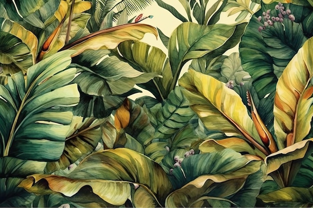 Papier peint avec des feuilles tropicales une texture d'aquarelle et une toile de fond de la nature