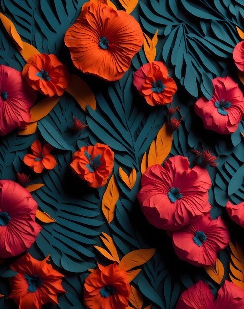 Photo un papier peint avec une fleur rouge et des feuilles dessus