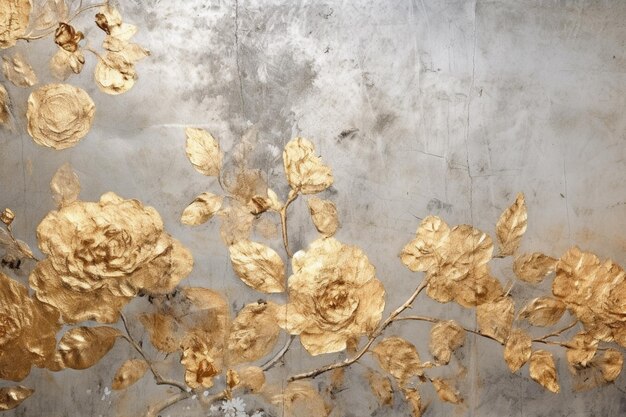 Un papier peint avec des fleurs et des feuilles d'or