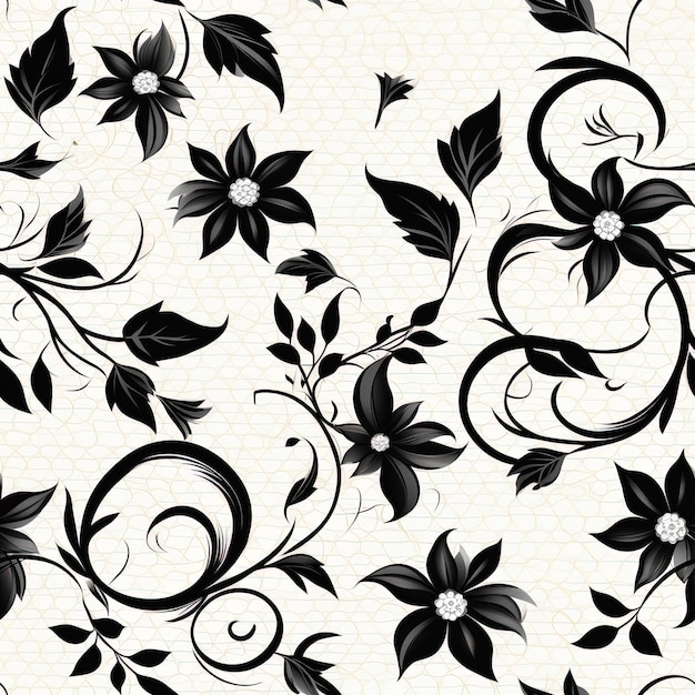 Photo un papier peint avec des fleurs noires et blanches et un papillon
