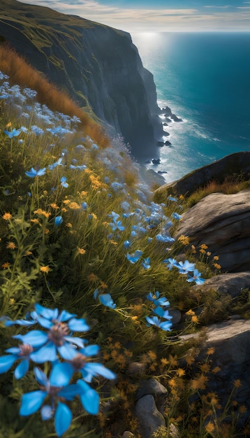 Papier peint fleurs sauvages à flanc de falaise