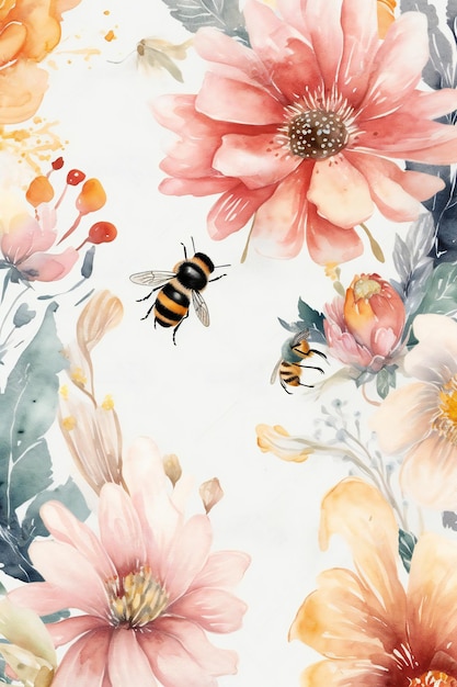 Un papier peint floral avec des abeilles qui volent autour