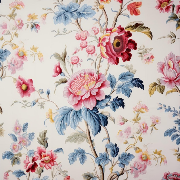 Papier peint floral authentique avec des draperies détaillées en cramoisi clair et bleu