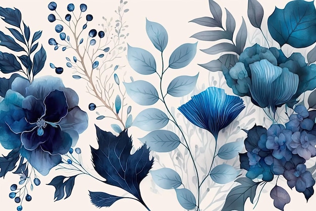 Papier peint floral avec de belles fleurs bleues
