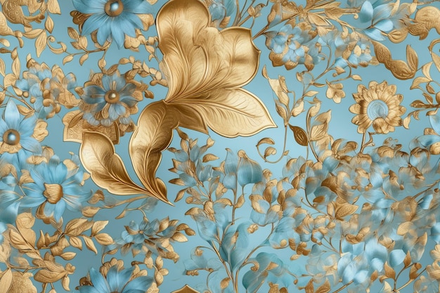 Un papier peint floral bleu et or avec des fleurs dorées.