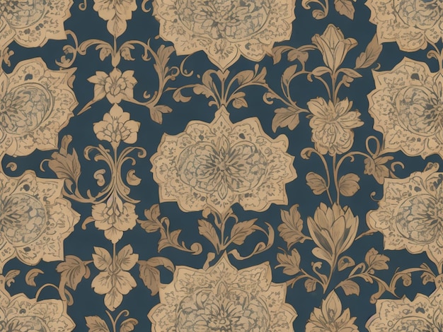 Papier peint floral dans des tons bleus et dorés avec motif détaillé