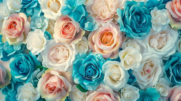 Papier peint floral avec des fleurs multicolores roses bleues et blanches turquoises