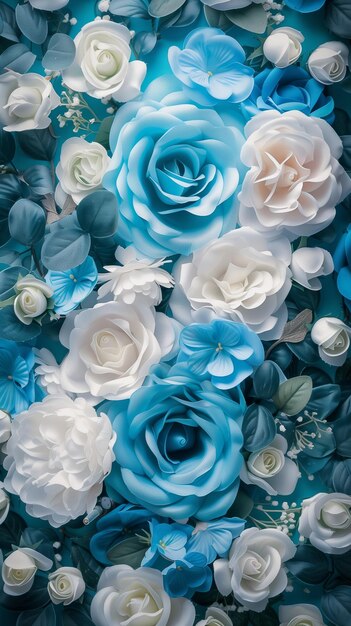 Photo papier peint floral avec des fleurs multicolores roses bleues et blanches turquoises