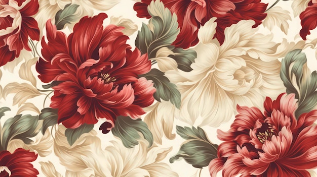 Un papier peint floral avec des fleurs rouges dessus