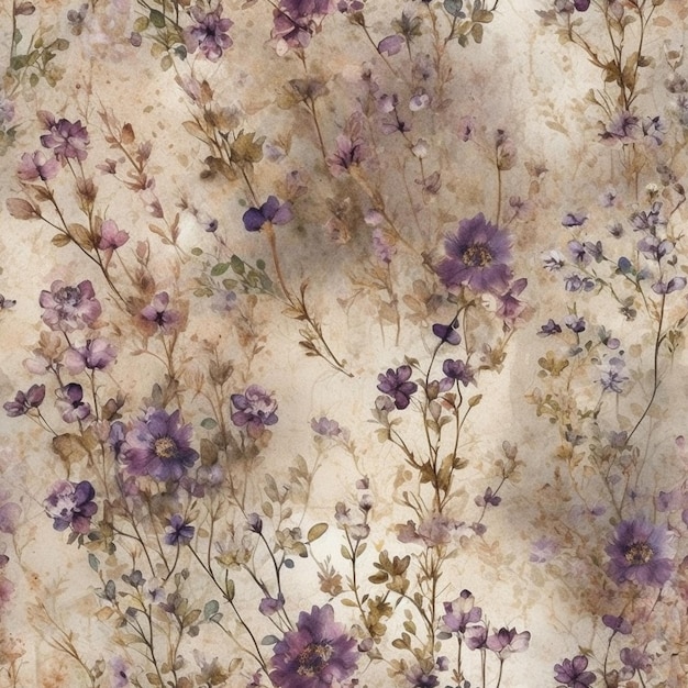 Un papier peint floral avec des fleurs violettes sur un fond beige.
