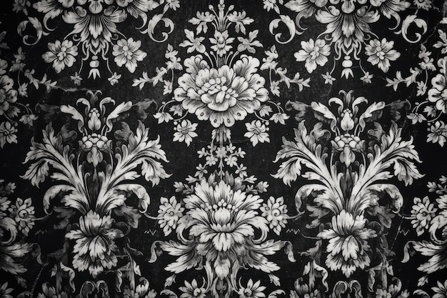 Papier peint floral noir et blanc avec des fleurs blanches Generative AI