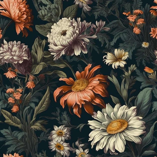 Un papier peint floral noir avec des fleurs blanches et orange dessus.