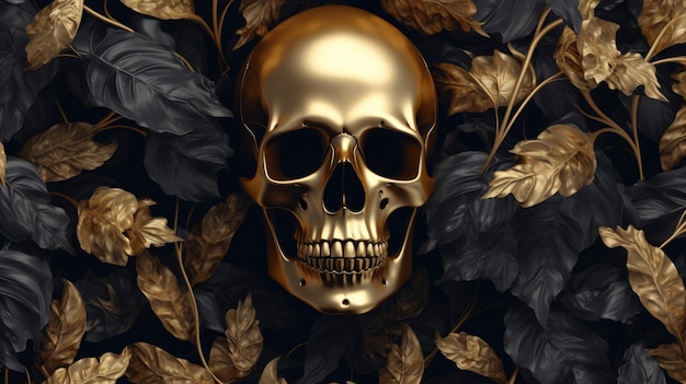 Papier peint floral noir et or de roses noires et crâne doré