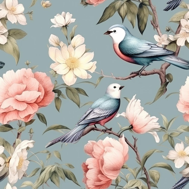 un papier peint floral avec un oiseau et des fleurs