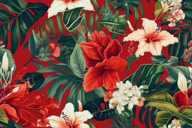 Papier peint floral rouge et blanc avec motif de feuilles vertes créé avec la technologie Generative AI