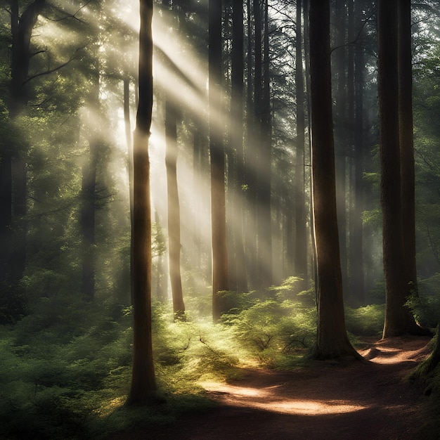 Papier peint forêt avec rayons de soleil