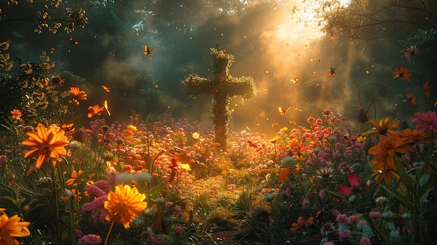 Un papier peint en forme de croix dans un jardin baisé par le soleil