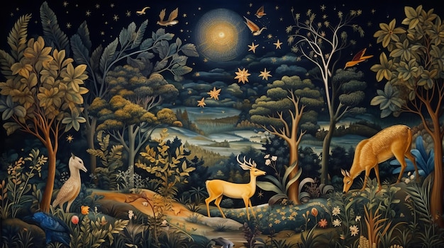 Papier Peint Fresque Bleu avec Cerfs et Oiseaux couleurs sombres étoiles de nuit belles