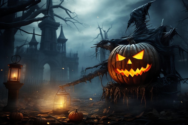 Le papier peint d'Halloween à l'allure sombre est dominé par une citrouille maléfique étrange et malveillante.